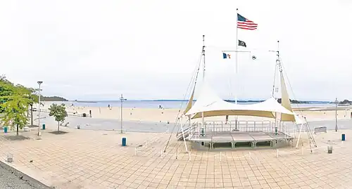 Panoramic view of Orchard Beach, facing from the bathhouse pavilion