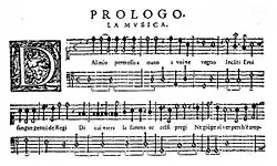 Four staves of music manuscript, headed "Prologo. La musica", with a decorative "D" key signature