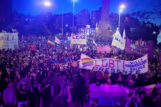 a crowd of people,at night, holding signs and flags
