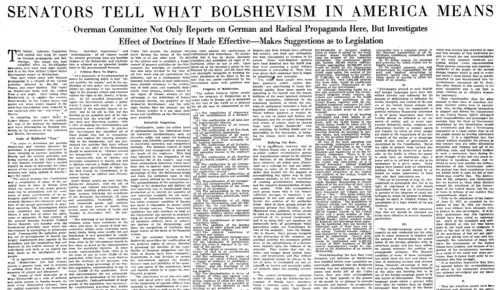 Newspaper clipping headlined "SENATORS TELL WHAT BOLSHEVISM IN AMERICA MEANS. Overman Committee Not Only Reports on German and Radical Propaganda Here, But Investigates Effect of Doctrines If Made Effective—Makes Suggestions as to Legislation"