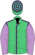 Emerald green, purple seams, mauve sleeves, emerald green and purple hooped cap
