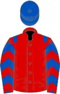 Red, royal blue epaulets, chevrons on sleeves, royal blue cap