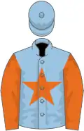 Blue, orange star, orange sleeves, light blue cap