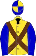 Yellow, brown cross belts, blue sleeves, blue and yellow quartered cap