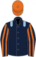 Dark blue, light blue epaulets, dark blue and orange striped sleeves, orange cap