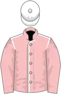 Pink, white seams, pink sleeves, white cap
