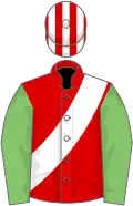 Red, white sash, light green sleeves, red and white striped cap