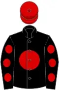Black, red disc, black sleeves, red spots, red cap
