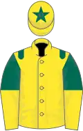 Yellow, dark green epaulets, dark green and yellow halved sleeves, yellow cap, dark green star