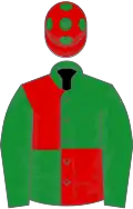 Green and red (quartered), hoopd sleeves, red cap, green spots