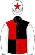 Black and red (quartered), white sleeves, white cap, red star