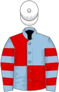 Light blue and red (quartered), hooped sleeves, white cap