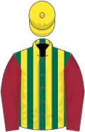 Dark green and yellow stripes, maroon sleeves, yellow cap