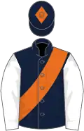 Dark blue, orange sash, white sleeves, dark blue cap, orange diamond