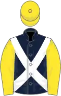Dark blue, white cross belts, yellow sleeves and cap