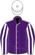 Purple, white seams, striped sleeves, white cap