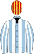 Light blue and white stripes, red and yellow striped cap