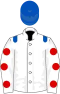 White, royal blue epaulets, white sleeves, red spots, royal blue cap