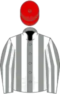 Grey and white stripes, red cap
