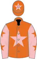 Orange, pink sta, pink sleeves, orange stars, orange cap, pink star