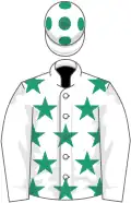 White, emerald green stars on body, spots on cap