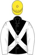 Black, white cross-belts and sleeves, yellow cap