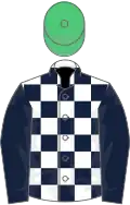 White and dark blue check, dark blue sleeves, emerald green cap