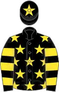 Black, Yellow stars, hooped sleeves and star on cap