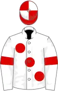 White, large red spots and armlets, red and white quartered cap
