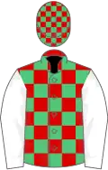 Red and emerald green check, white sleeves, red and emerald green check cap