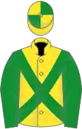 Yellow, green cross-belts and sleeves, quartered cap
