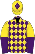 Yellow and purple diamonds, halved sleeves, diamond on cap