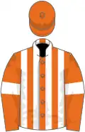 Orange and white stripes, orange sleeves, white armlets, orange cap
