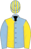 Light blue and yellow (halved), sleeves reversed, light blue and yellow striped cap