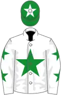 White, green star, stars on sleeves, green cap, white star