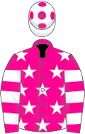 Magenta, white stars and hoops on sleeves, white cap, magenta spots