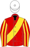 Red, yellow sash, striped sleeves, white cap