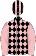 Pink and black diamonds, pink sleeves, striped cap