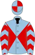 Light blue, red diabolo, chevrons on sleeves, quartered cap