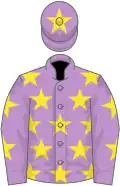 Mauve, yellow stars, mauve cap, yellow star