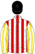 Red and white stripes, yellow and white striped sleeves, black cap