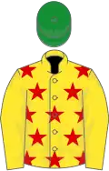 Yellow, red stars on body, green cap