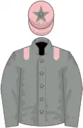 Grey, pink epaulettes, grey sleeves, pink cap, grey star