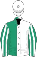 Emerald green and white (halved), striped sleeves, white cap,