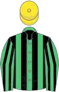 Emerald green and black stripes, yellow cap