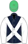DARK BLUE, white cross sashes, white sleeves, emerald green cap