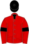 Red, black armlets and cap