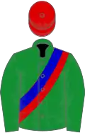 Green, blue and red sash, red cap