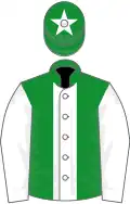Green, white stripe and sleeves, star on cap