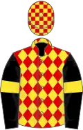 Red and yellow diamonds, black sleeves, yellow armlets, red and yellow check cap